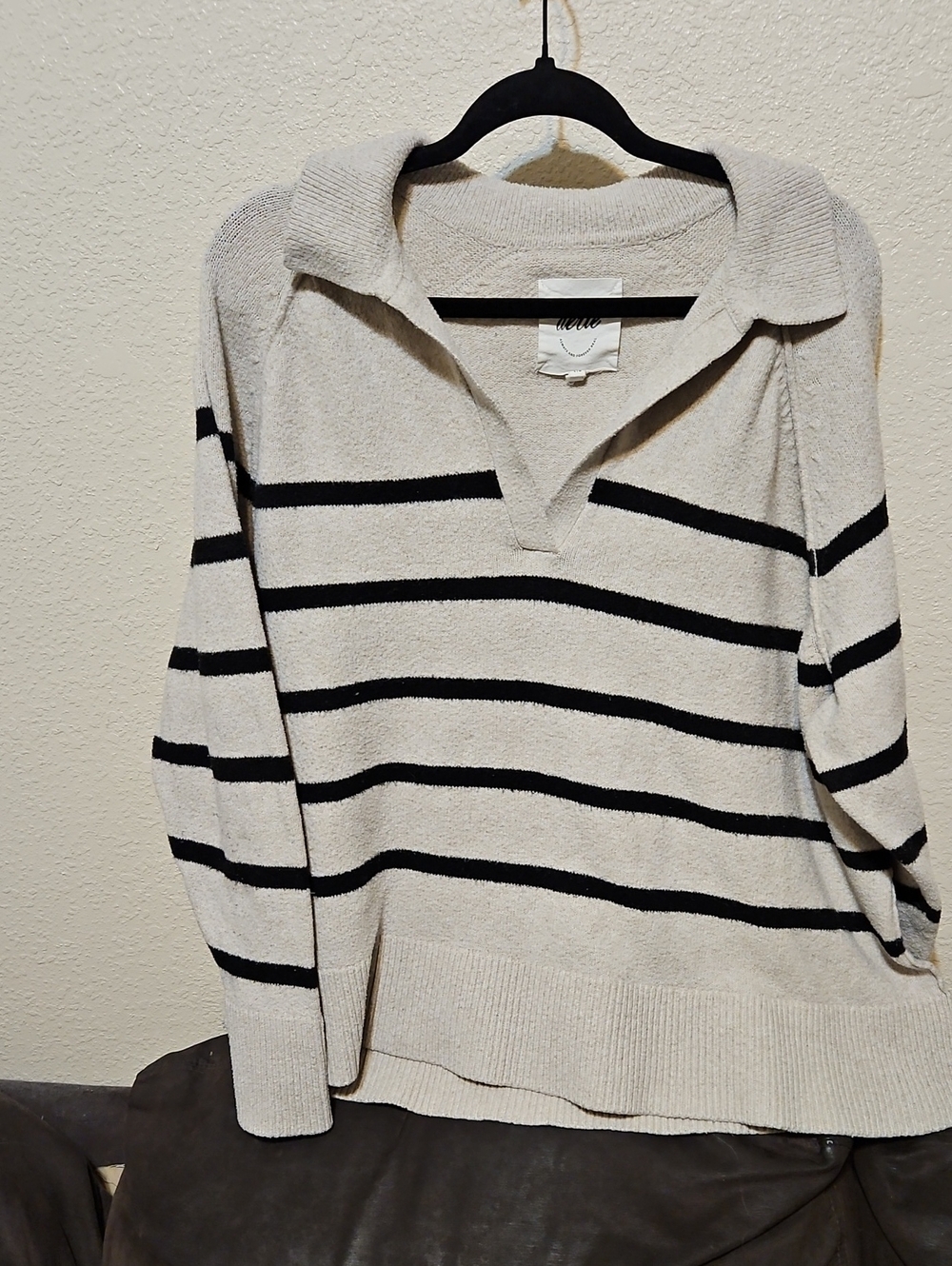 aerie Cream and Black Oversized Striped V-Neck Collared Sweater
